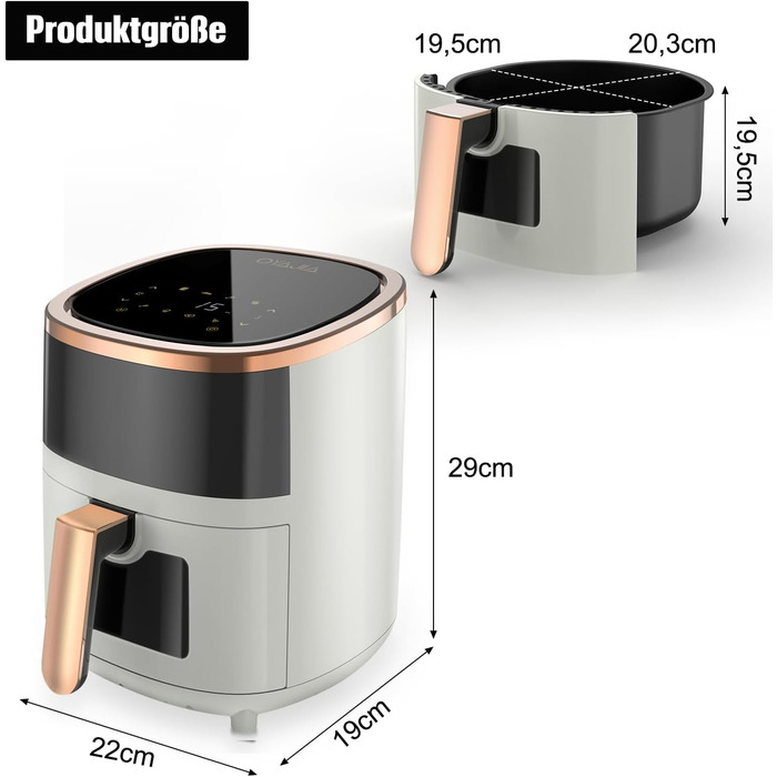 Фритюрниця повітряна 6L з 8 програмами, Rapid Air, сенсорний екран, вікно, 200°C, 1200W, для миття в посудомийній машині, без олії, гриль, випічка, смаження (білий)
