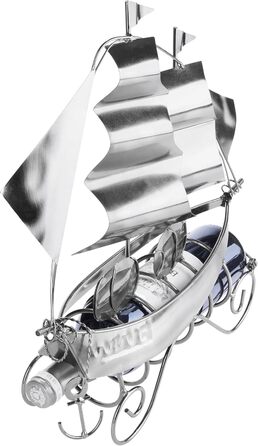BRUBAKER Wine Bottle Holder Sailing Ship - Bottle Stand Sculpture made of Metal with Gift Card - Silver Wine Gift, Height 39 cm