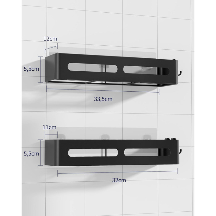 Настінна поличка для душу без свердління Kitsure, 2 шт., чорна, 33.5 x 12.0 x 5.5 см