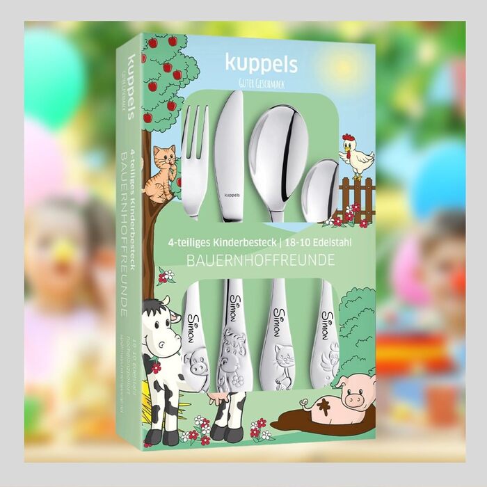 Дитячий столовий прилад Kinderbesteck Bauernhoffreunde з гравіюванням імені - персоналізований столовий прилад - індивідуальний хрещення для хлопчика/дівчинки - унікальний подарунок - набір з 4 частин