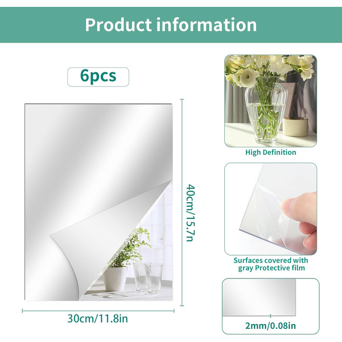 6 шт. дзеркал самоклеючих, 30 x 40 см, гнучкі акрилові дзеркала для стін, шаф, ванної кімнати