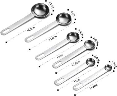 Набір мірних ложок з нержавіючої сталі, 6 шт. (1/8 TSP, 1/4 TSP, 1/2 TSP, 1 TSP, 1/2 TBLS, 1 TBLS)