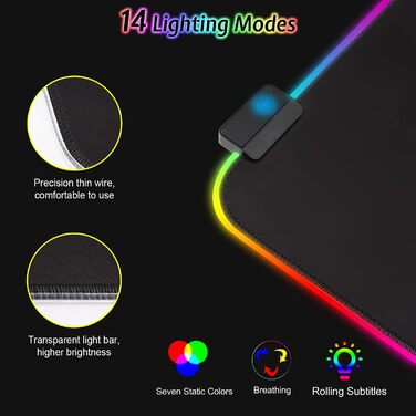 Килимок для миші ігровий RGB 800x300mm XXL, великий, з 14 режимами підсвічування, 7 LED кольорами, вологостійкий, з антиковзким покриттям для комп'ютера, ПК, професійних геймерів, чорний