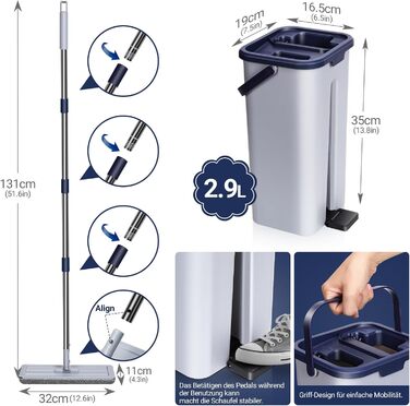 Набір для миття підлоги MASTERTOP з відром, моп з нержавіючою ручкою та 3 насадками, 2 в 1 набір відр та мопа, плоский моп з функцією віджиму для ламінату, плитки, твердої підлоги (Бежевий) (Набір для миття підлоги з відром: Сірий+Блакитний)