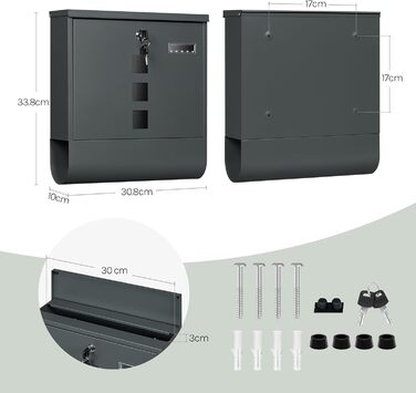 Поштовий ящик WOLTU з газетницею та вікном, замок, табличка для імені, вуличний, антрацит 37x37x10.5 см