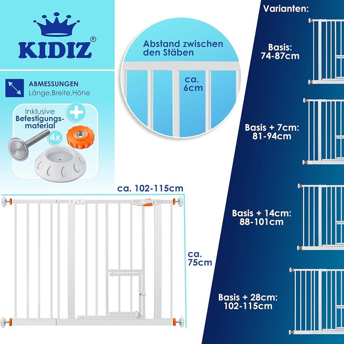 Захисне ворота KIDIZ для котів з люком, захист для дверей, ворота на сходи для дітей без свердління | Зупинка 90°, поворотне, захист для сходів, білий/ширина: (102-115 см, помаранчевий)