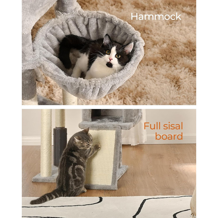 Кігтеточка для котів FourFurPets 156 см з драбиною з сизалю, 2 платформи, 2 печери, гамак, м'ячики (світло-сірий)