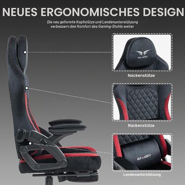 Геймерське крісло Racing Ergonomic з регульованою подушкою для голови та підставкою для ніг, тканинна оббивка, чорно-червоне