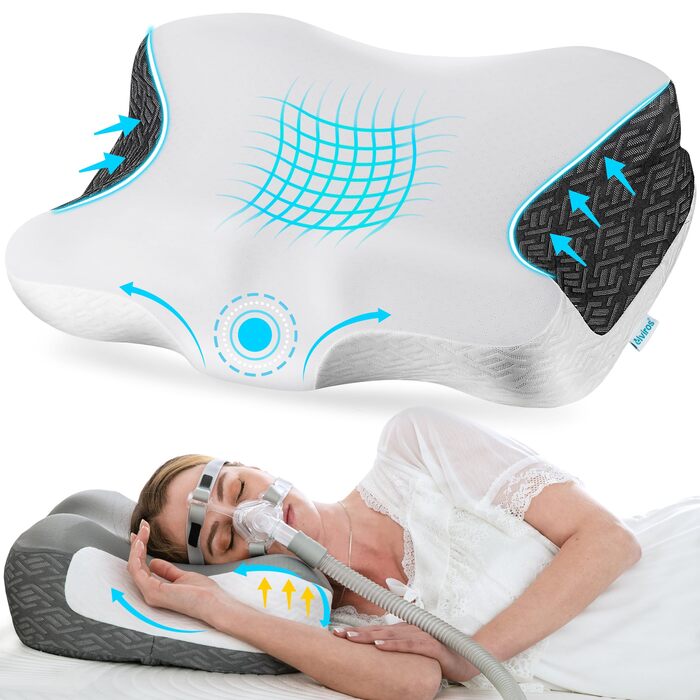 Подушка Elviros з піни Memory Foam для CPAP-терапії: ергономічна, регульована висота та жорсткість, для сну на боці та спині (біла, нейлон, еластан)