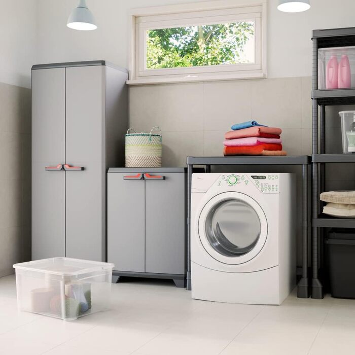 Keter Stilo Plastic Cabinet, tall, WxDxH: 68x39x173cm, gray/black/red, including 3 adjustable shelves (max. load capacity of 15kg each) (Base cabinet)