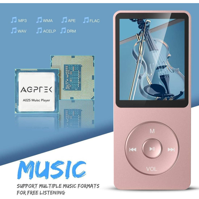 MP3 плеєр AGPTEK A02 8GB Rosegold - 70 годин відтворення, 1.8