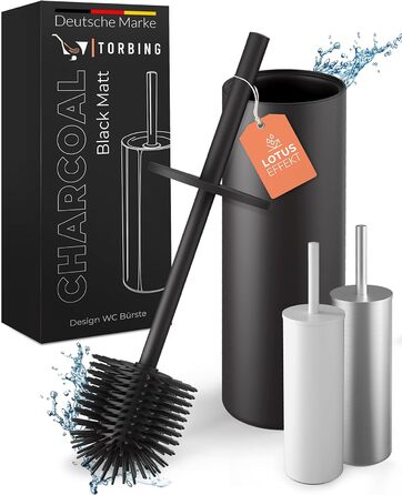 Торбінг Дизайн Туалетний Щітка з Нержавіючої Сталі - Якісна Щітка з Закритим Тримачем - Силіконова Щітка з Ефектом Лотоса - Сучасний Дизайн - Елегантні Кольори - Подовжений Рукоятка (Чорний Матовий Вугільний)