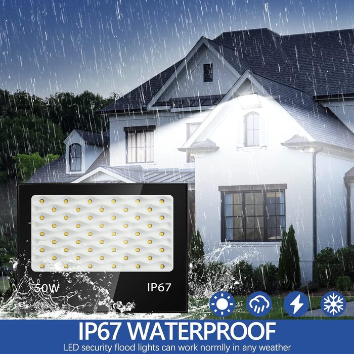 200W LED Flood Light Outdoor, 20000LM LED Spotlight, 7000K Cool White Spotlight, IP67 Waterproof Floodlight, for Backyard, Courtyards, Garage, Hallway, Garden (50W-1PC)