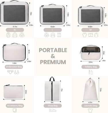 Органайзери для валізи Prezon, набір 8 шт., легкі, для подорожей, кремового кольору