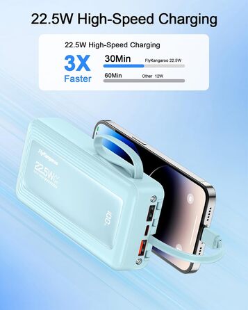 Power Bank 20000mAh, 22.5W, 6 виходів, 2 входи, LED дисплей, сумісний з iPhone, Samsung, Pixel, блакитний