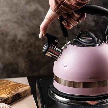 Чайник Kinghoff 1.8L з нержавіючої сталі з свистком, для індукційних плит, рожевий