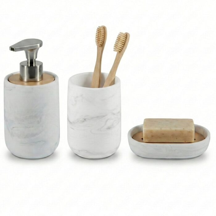 Набір для ванної кімнати 4 предмети з піддоном - мильничка, дозатор для мила (цинковий сплав), стакан для зубних щіток, поличка - мармуровий дизайн, бамбук - сучасний органайзер (Набір 3 Marble)