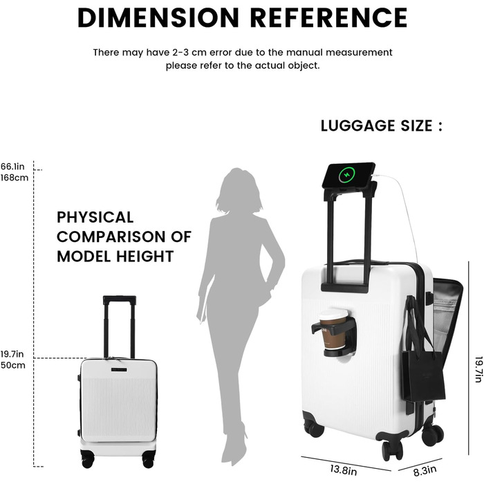 Валіза ручної поклажі 20 дюймів з відділенням для ноутбука, легка валіза з жорстким корпусом та TSA-замком, кабінний багаж на спінених колесах, USB-зарядний пристрій та тримач для напоїв (білий)