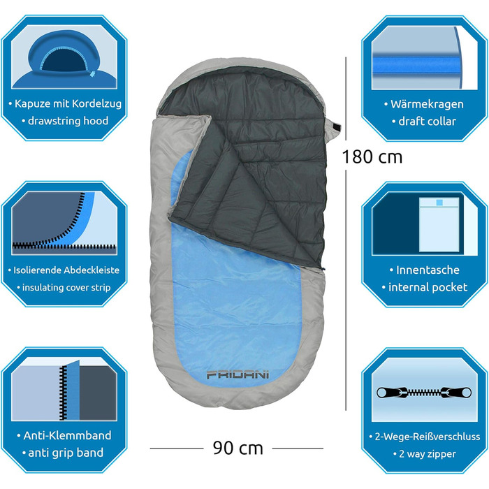 Fridani Kids Sleeping Bag PB 180x90cm XXL Quilt Sleeping Bag -12°C Blue Warm Water-Repellent Washable