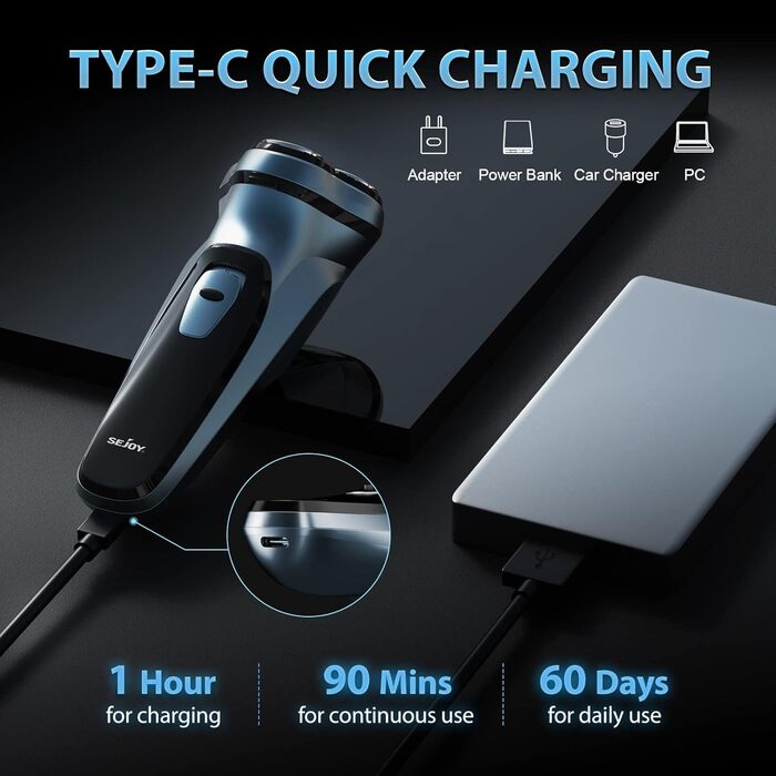 Електричний чоловічий бритва Sejoy, сухою, з підзарядкою, з висувним тримером, швидка зарядка за 1 годину, 3D плаваюча головка, LCD дисплей (синій)