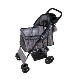 Візок для тварин Monster Shop з сумкою, знімний, синій тартан, складний, до 15 кг, колеса, гальма, сітка, кошик, тримач для напоїв, кишені, водонепроникний захист від дощу