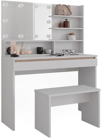 Косметичний стіл Vicco Emma 120 см, білий/сонома, зі дзеркалом, полицею, банкеткою та LED-підсвіткою