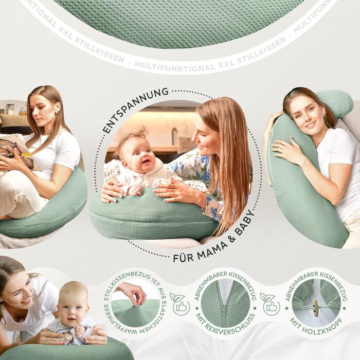 Ортопедична подушка для вагітних та годуючих Sei Design XXL з муслінової обтяжки, ергономічна, для сну на боці, комфортна для дорослих, 100% органічна бавовна (вафельна тканина м'ятного кольору, наволочка 190x30)