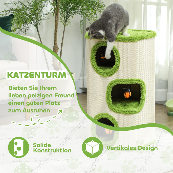 PawHut Дряпка-будка, висота 76 см, котяча будка з 3 печерами, кігтетопка з іграшкою-божником, котяча вежа з сизалю, для котів вагою до 5 кг, Зелений+кремово-білий | Aosom