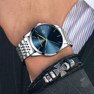 Чоловічий годинник на зап'ясті з нержавіючої сталі, водонепроникний, класичний, з великим циферблатом, мінімалістичний, аналоговий кварцовий годинник для чоловіків, блакитний (чоловічий годинник)