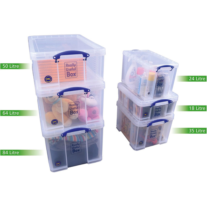 Really Useful Plastic Storage Box, lightweight, robust, stackable, 24 Liters, 290 x 465 x 270 mm, transparent