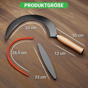 ALBAJ Sickle with Wooden Handle - traditional sharp sickle - sustainable scythe 35x22 cm - includes free sharpening stone – robust sickle for grass