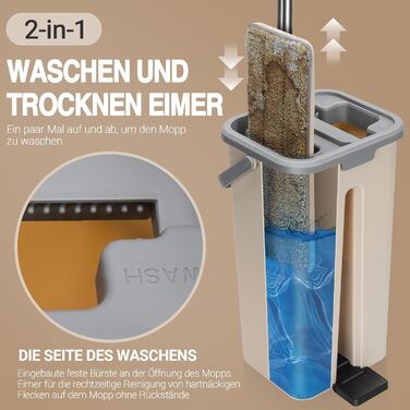 Набір для миття підлоги MASTERTOP з відром, моп з нержавіючою ручкою та 3 насадками, набір 2 в 1 з відром для вичавлювання, плоский моп для твердої підлоги, ламінату, плитки (Бежевий)