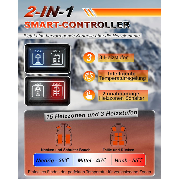 Електрична гріюча жилетка для чоловіків та жінок з 15 зонами нагріву - 3 режими температури, для активного відпочинку, катання на лижах, полювання, кемпінгу (без акумулятора), чорна, XXL