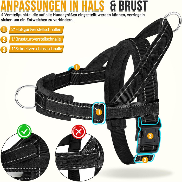 Нашийник для собак Eyein з повідком для великих та середніх собак, м'який, з 2 кліпсами для повідка, світловідбиваючий, легкий, анти-тяга, для прогулянок та тренувань, чорний, розмір L