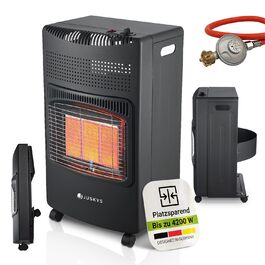 Газовий обігрівач Juskys® GS42US - 4200 Вт, чорний колір, з регулятором тиску та шлангом. Мобільний, ефективний та енергозберігаючий газовий нагрівач, газовий камін, газове обладнання