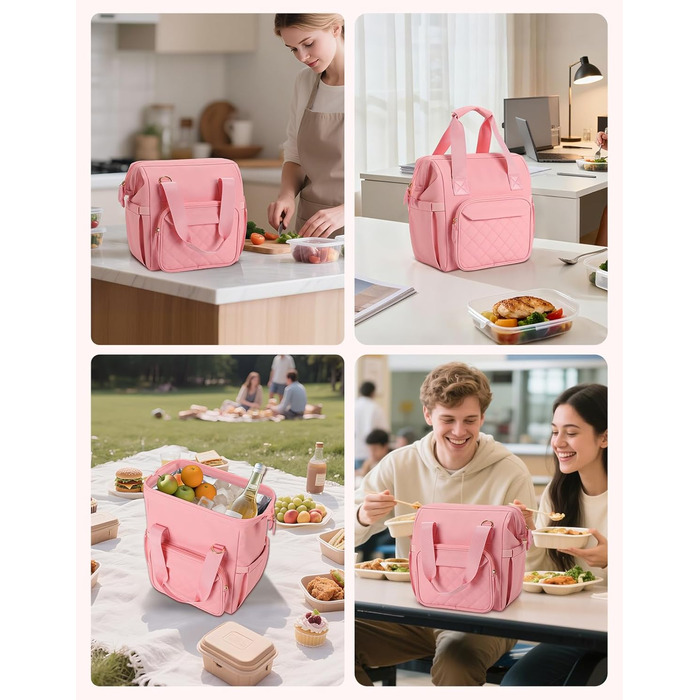 Сумка-холодильник 20 л, рожева: ізольована сумка-ланчбокс з PEVA-підкладкою, кілька відділень та плечовим ременем для роботи, школи, авто, пікніка