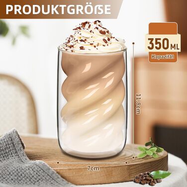 SILRIVES Latte Macchiato Glasses Double-Walled 350ml Set of 4 with 4 Spoons, Borosilicate Glass Coffee Glasses, Insulating, Espresso Cups, Cappuccino Glasses, Iced Coffee, Tea Glasses, Thermos Glasses