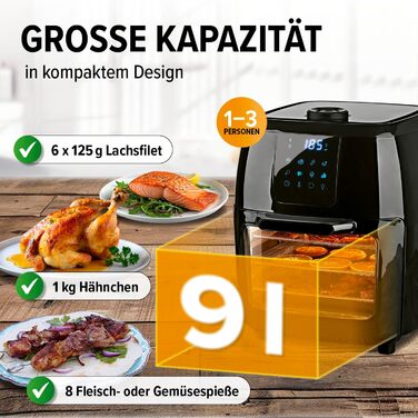 Gourmetmaxx Digital Hot Air Fryer XXL - 9L Oven | Air Fryer with Timer Function, Touch Display, Rotisserie, Skewers | Low-Fat, Energy-Saving Frying | 8 Programs, 1800 W Black 9 Liters