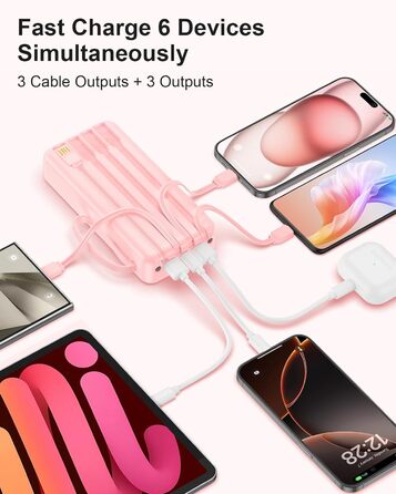 Портативний зарядний Power Bank 20000mAh з LED дисплеєм (2026 Upgrade), рожевий, 6 виходів, 2 входи, 22,5W