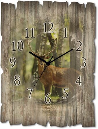 ARTLAND Wall Decor Wall Clock without Ticking Sound, Wood Quartz Clock, 30x40 cm, Rectangular, Silent, Nature, Animals, Deer, Forest, Landscape, Original, Nordic, T5YP