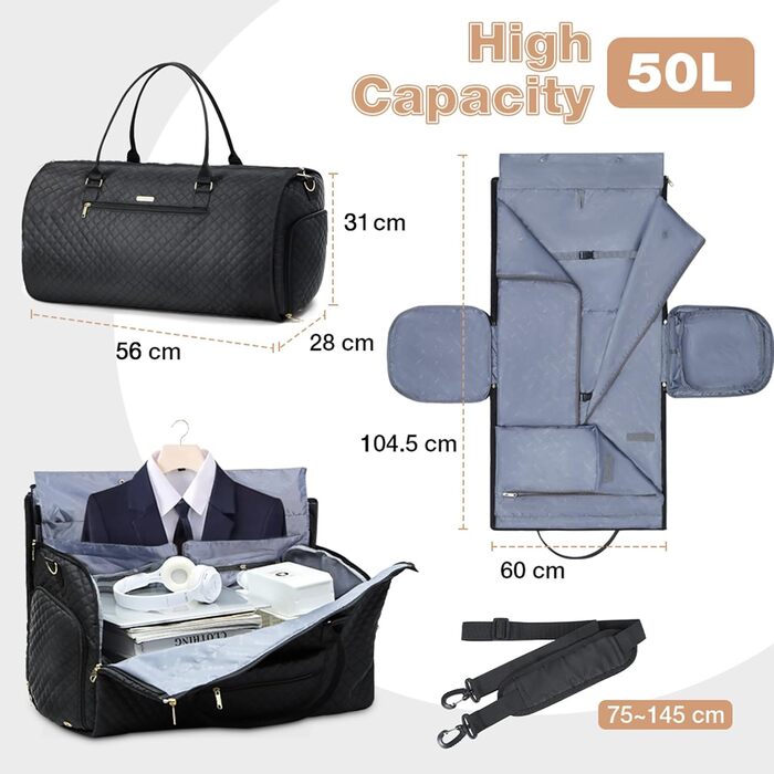 Сумка-органайзер для подорожей 2в1, жіноча, 50L, з відділеннями для взуття та речей, чорна