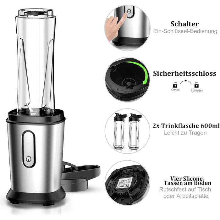 Міні-блендер Standmixer 500W з 2 пляшками Tritan, 4-лопатевий, для шейків та смузі, з нержавіючої сталі, портативний