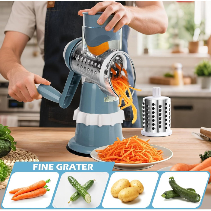Ручна тертка для овочів 3-в-1 з нержавіючої сталі, терка для сиру з ручкою та 3 змінні леза, терка для салатів, горіхів, фруктів, піци. Колір: зелений
