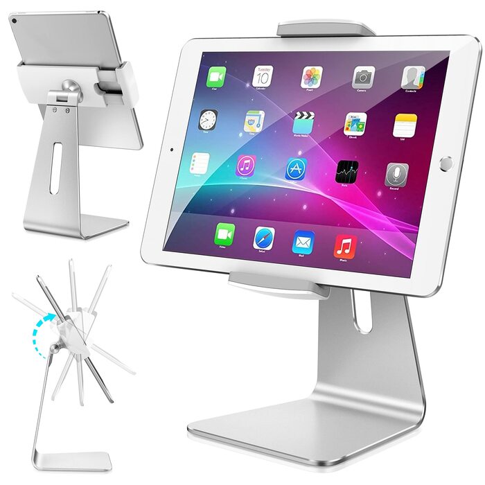 Регульована алюмінієва підставка для планшета AboveTEK, поворотна на 360° для iPad Pro/Air/Mini, Samsung Galaxy Tab (7–12,9 дюймів), срібляста