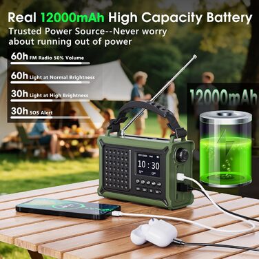 Радіоприймач Kurbelradio з DAB/DAB+/UKW, акумулятор 12000mAh, сонячна панель 8500mm², ручний генератор, Bluetooth 5.0, ліхтарик та світло для читання, для відпочинку на природі, кемпінгу, зелений
