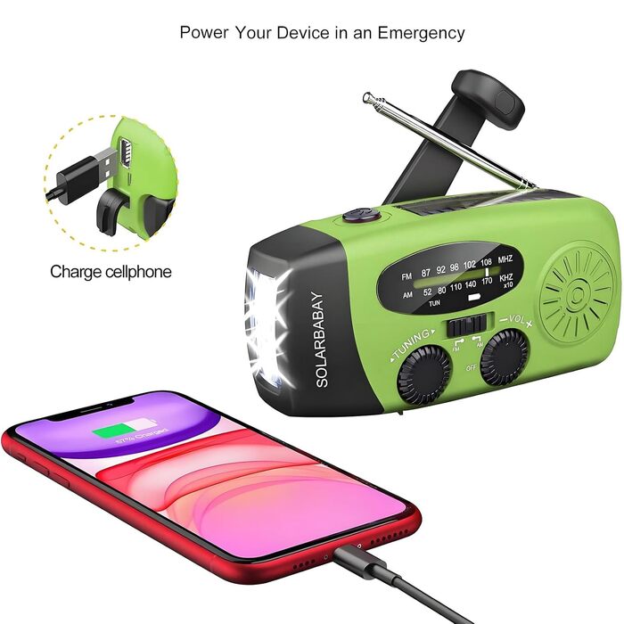 Радіо Solar Radio з ручним генератором, AM/FM, Powerbank 2000mAh, LED ліхтарик, USB зарядка - зелений
