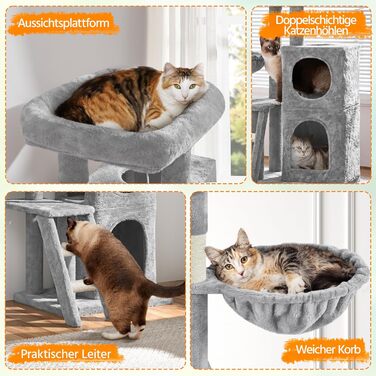 Yaheetech Cat Tree 94 cm high, Cat Climbing Tree for Cats, with Sisal Posts, Caves, Large Platform, Basket, Plush Balls, Light Grey