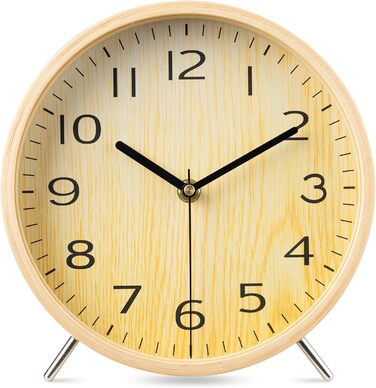 Navaris Analog Wood Table Clock Round - 21.1 x 21.8 x 4.8cm - Analog Decorative Table Clock Without Ticking with Wooden Dial - Quiet Pointer Wooden Clock Light Brown