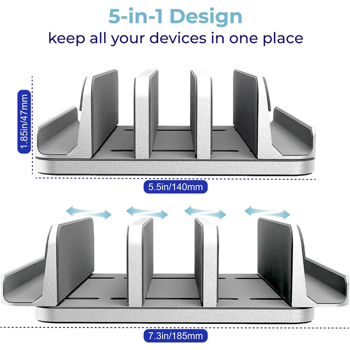 TEFONIA 5-Slot Vertical Laptop Stand - Aluminum Desk Organizer for MacBook, iPad, Tablets & Laptops - Silver