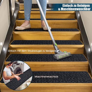 COSTWAY 15-Piece Stair Treads - Non-Slip, Waterproof, Self-Adhesive Carpet for Wood Stairs - Grey (76x20cm)